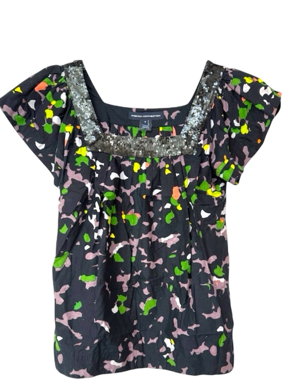 French Connection Y2K Era Sequin Square Neck Abstract Floral Boho Top Size 4